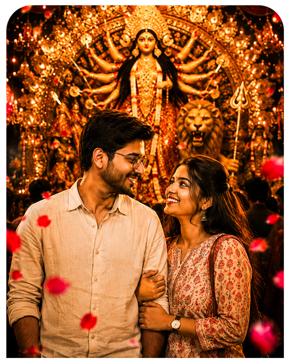 Couple sharing a candid Durga Puja moment