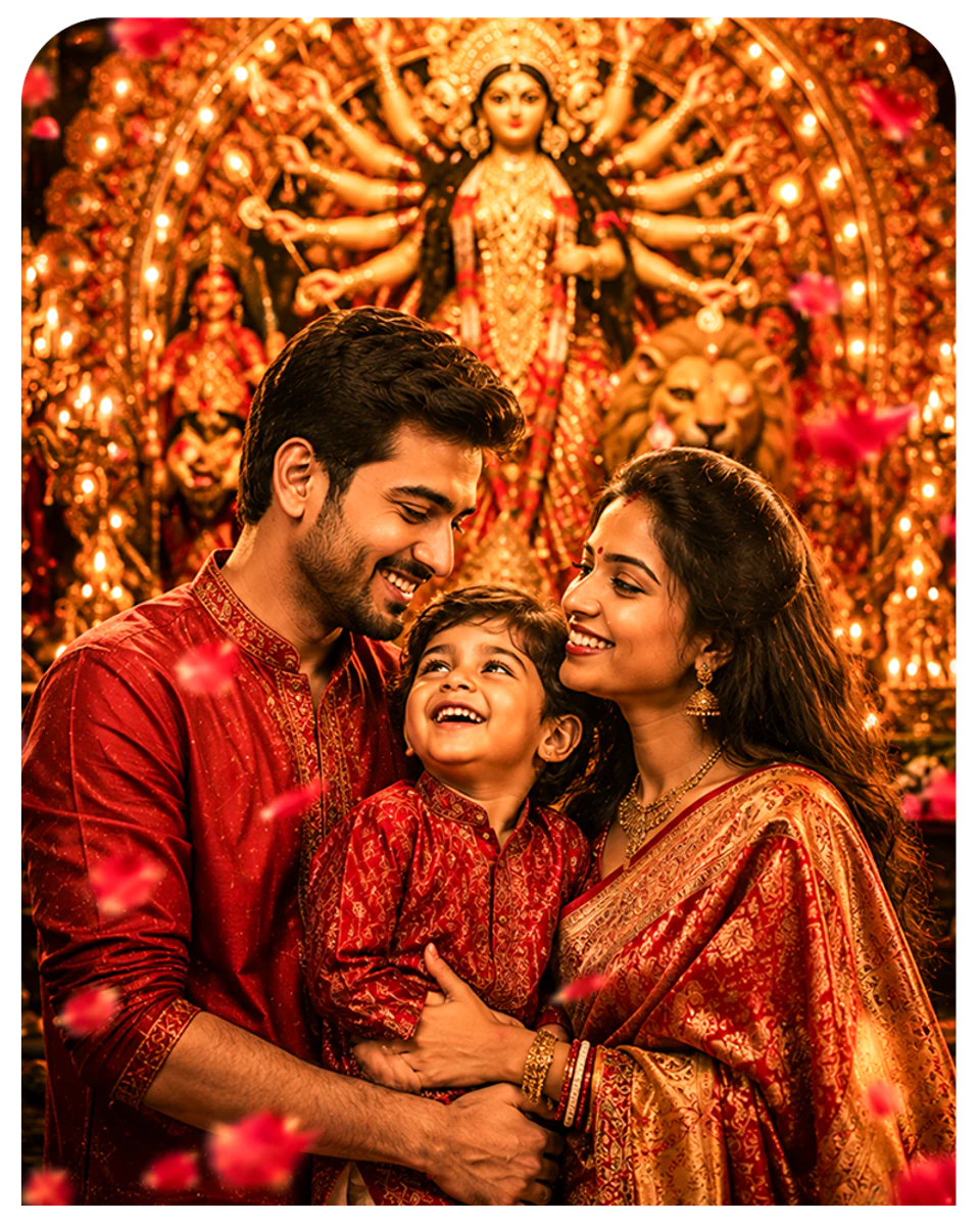 A smiling family captured at a Durga Puja pandal
