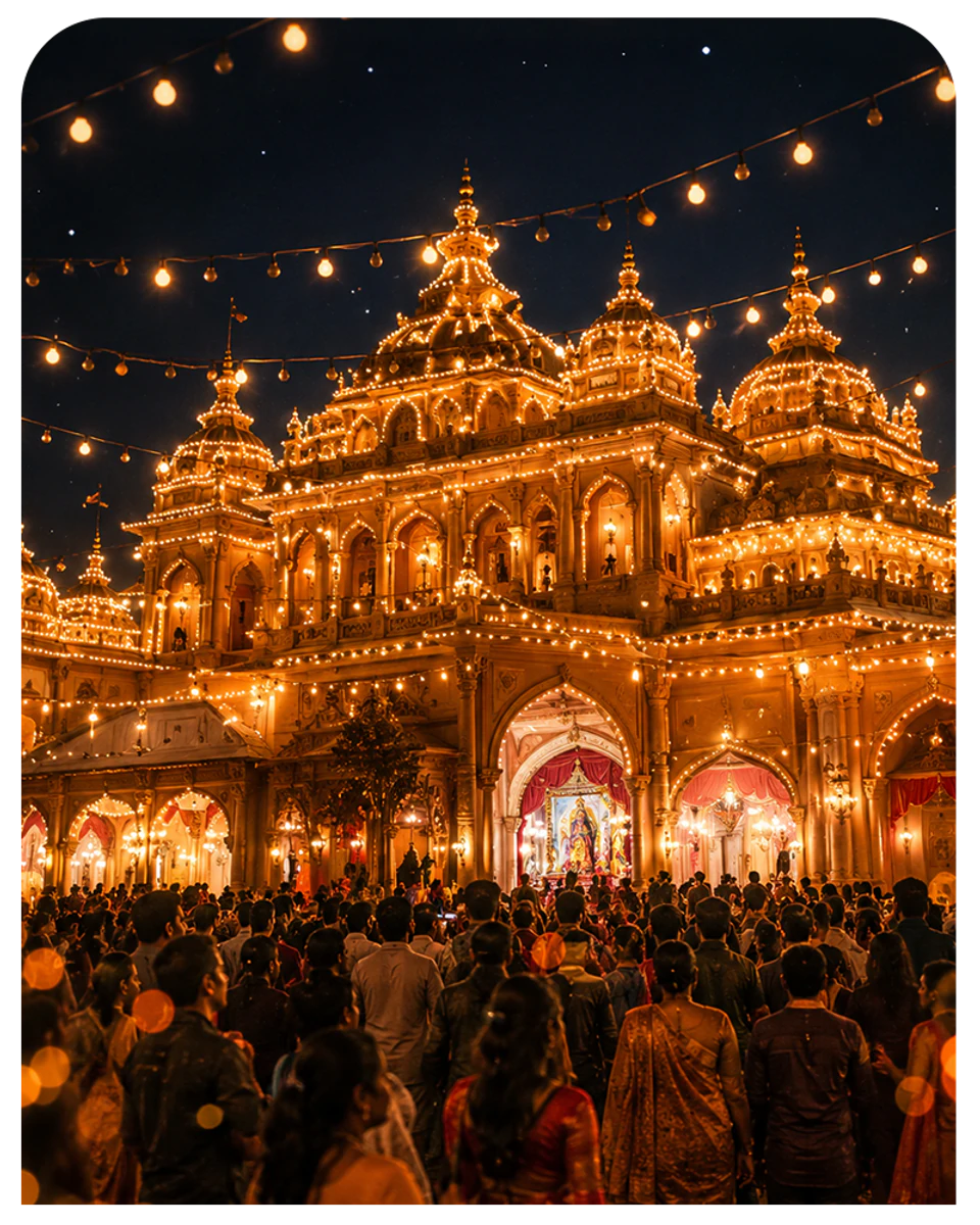 Warmly lit Durga Puja pandal scene